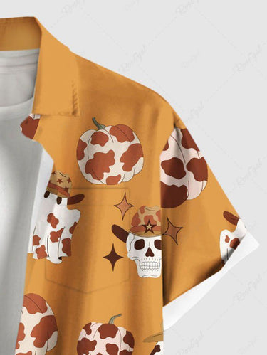 Gothic Plus Size Western Cowboy Style Ghost Skull Spotted Pumpkin Print Button Pocket Shirt For Men