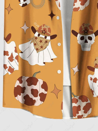 Gothic Plus Size Western Cowboy Style Ghost Skull Spotted Pumpkin Print Button Pocket Shirt For Men