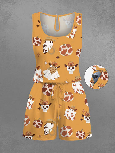 Gothic Plus Size Western Cowboy Style Ghost Skull Spotted Pumpkin Print Drawstring Pocket Romper