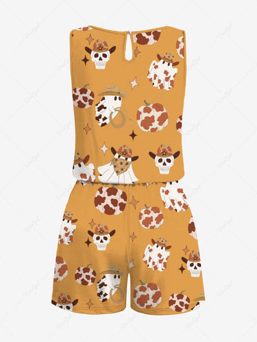 Gothic Plus Size Western Cowboy Style Ghost Skull Spotted Pumpkin Print Drawstring Pocket Romper