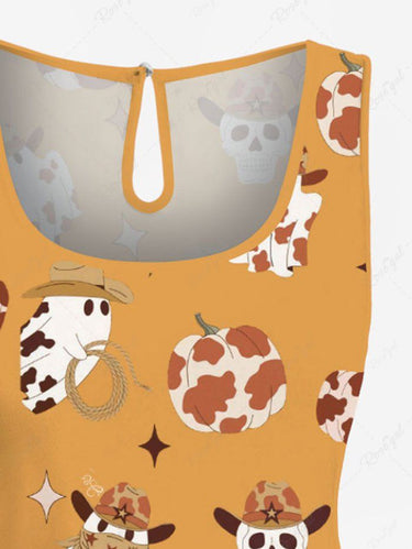 Gothic Plus Size Western Cowboy Style Ghost Skull Spotted Pumpkin Print Drawstring Pocket Romper