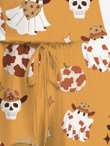 Gothic Plus Size Western Cowboy Style Ghost Skull Spotted Pumpkin Print Drawstring Pocket Romper