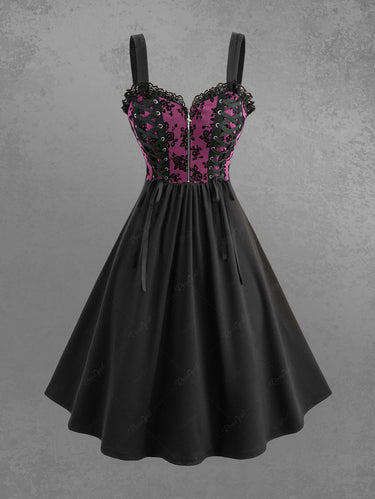 Gothic Plus Size Floral Flocking Lace Up Zipper A Line Dress