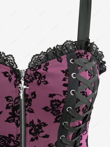 Gothic Plus Size Floral Flocking Lace Up Zipper A Line Dress