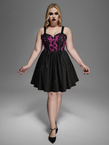 Gothic Plus Size Floral Flocking Lace Up Zipper A Line Dress