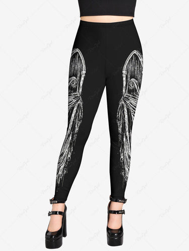 Gothic Plus Size Skull Wizard Mirror Print Skinny Leggings