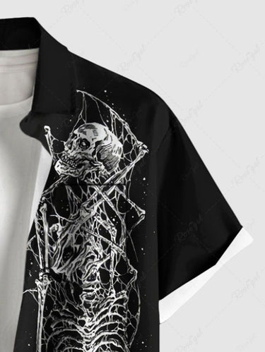 Gothic Plus Size Skeleton Print Button Pocket Shirt For Men