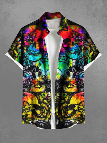 Gothic Plus Size Colorful Tie Dye Ombre Skull Floral Print Button Pocket Shirt For Men