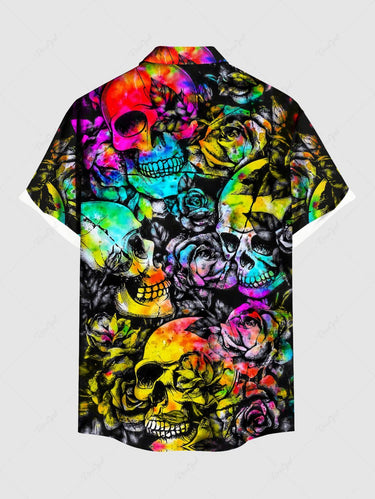 Gothic Plus Size Colorful Tie Dye Ombre Skull Floral Print Button Pocket Shirt For Men