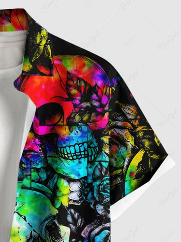 Gothic Plus Size Colorful Tie Dye Ombre Skull Floral Print Button Pocket Shirt For Men