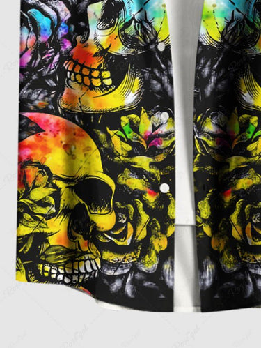 Gothic Plus Size Colorful Tie Dye Ombre Skull Floral Print Button Pocket Shirt For Men