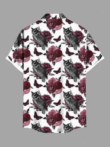 Gothic Plus Size Owl Rose Flower Butterfly Print Button Pocket Shirt For Men