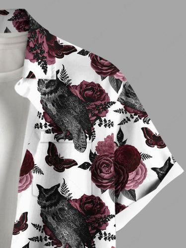 Gothic Plus Size Owl Rose Flower Butterfly Print Button Pocket Shirt For Men