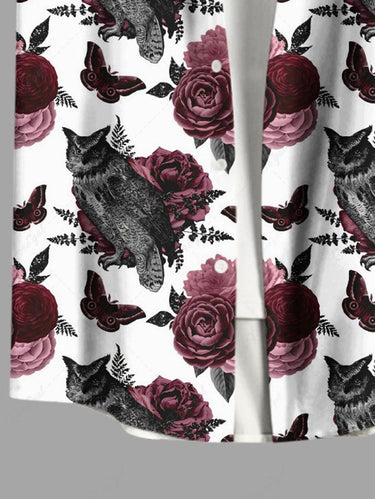 Gothic Plus Size Owl Rose Flower Butterfly Print Button Pocket Shirt For Men