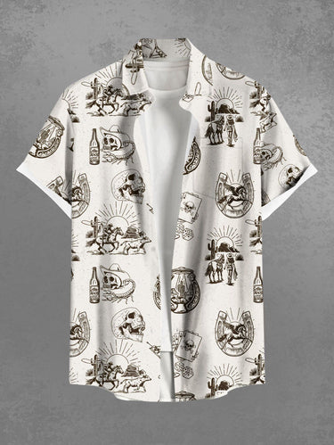 Gothic Plus Size Western Cowboy Style Skulls Beer Print Button Pocket Shirt For Men