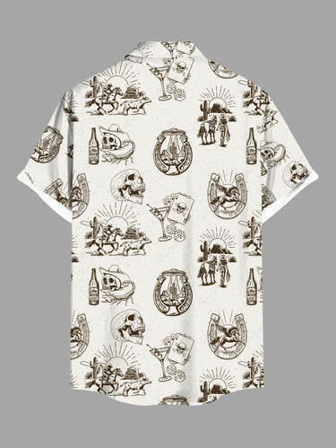 Gothic Plus Size Western Cowboy Style Skulls Beer Print Button Pocket Shirt For Men