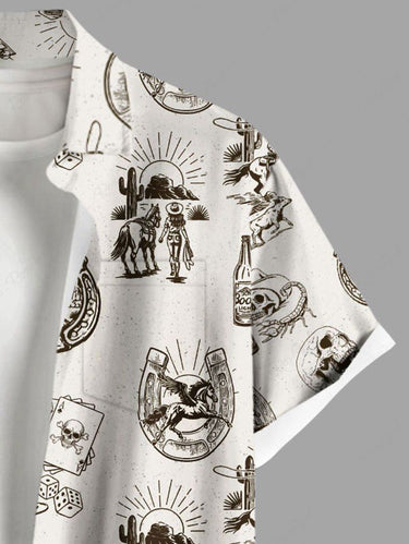 Gothic Plus Size Western Cowboy Style Skulls Beer Print Button Pocket Shirt For Men