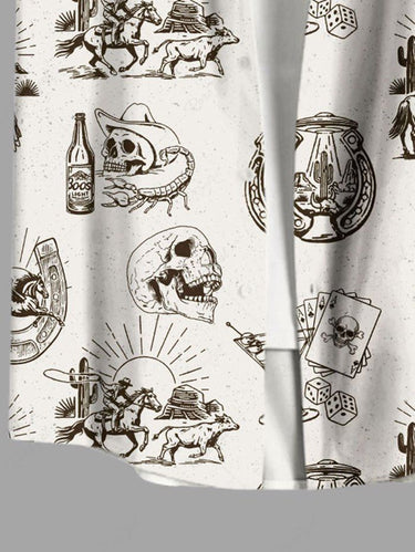 Gothic Plus Size Western Cowboy Style Skulls Beer Print Button Pocket Shirt For Men