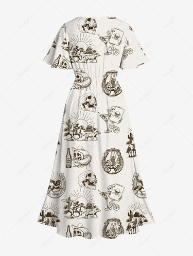 Gothic Plus Size Western Cowboy Style Skulls Beer Print Split Pocket A Line Midi Dress