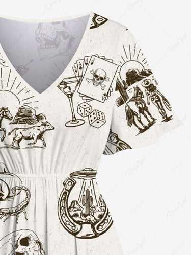 Gothic Plus Size Western Cowboy Style Skulls Beer Print Split Pocket A Line Midi Dress