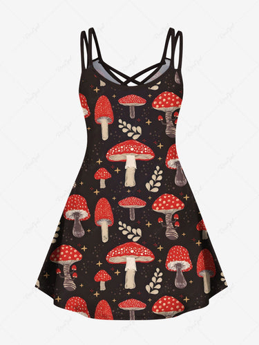 Gothic Plus Size Mushroom Leaves Branch Printed Crisscross A Line Cami Dress