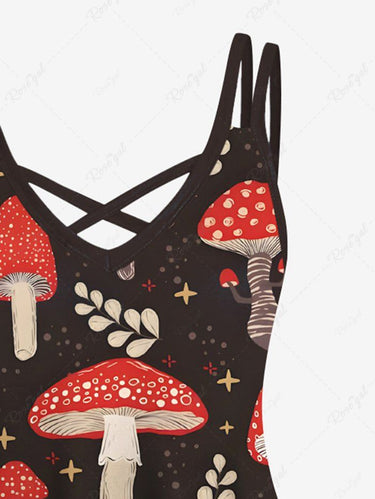 Gothic Plus Size Mushroom Leaves Branch Printed Crisscross A Line Cami Dress