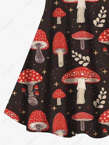 Gothic Plus Size Mushroom Leaves Branch Printed Crisscross A Line Cami Dress