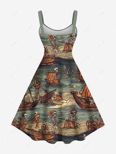 Gothic Plus Size Skeleton Pirate Sailboat Sea Waves Print Hawaii Cruise A Line Tank Dress