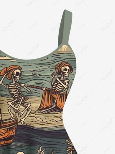 Gothic Plus Size Skeleton Pirate Sailboat Sea Waves Print Hawaii Cruise A Line Tank Dress