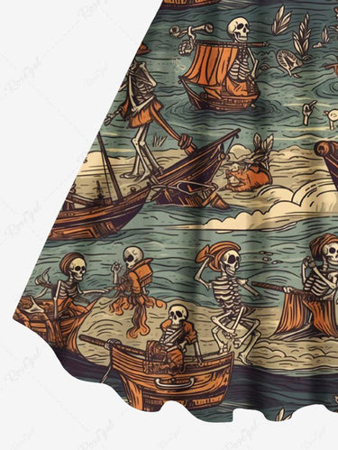 Gothic Plus Size Skeleton Pirate Sailboat Sea Waves Print Hawaii Cruise A Line Tank Dress
