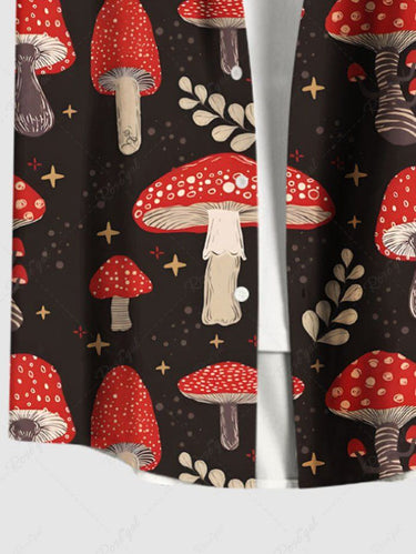 Gothic Plus Size Mushroom Leaves Branch Print Button Pocket Shirt For Men