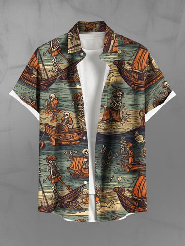 Gothic Plus Size Skeleton Pirate Sailboat Sea Waves Print Hawaii Cruise Button Pocket Shirt For Men