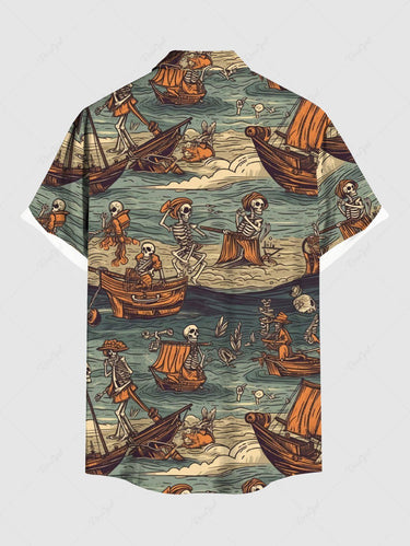 Gothic Plus Size Skeleton Pirate Sailboat Sea Waves Print Hawaii Cruise Button Pocket Shirt For Men