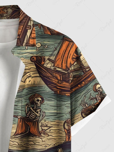 Gothic Plus Size Skeleton Pirate Sailboat Sea Waves Print Hawaii Cruise Button Pocket Shirt For Men