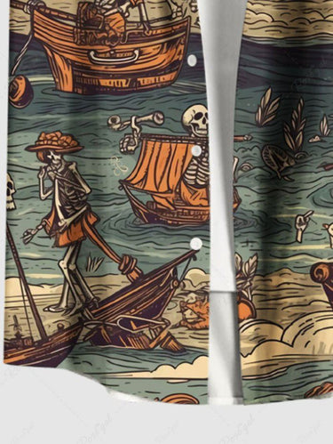 Gothic Plus Size Skeleton Pirate Sailboat Sea Waves Print Hawaii Cruise Button Pocket Shirt For Men