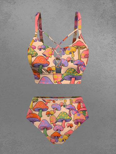 Gothic Plus Size Colorful Mushroom Print Lace Up Tankini Swimsuit (Adjustable Shoulder Strap)