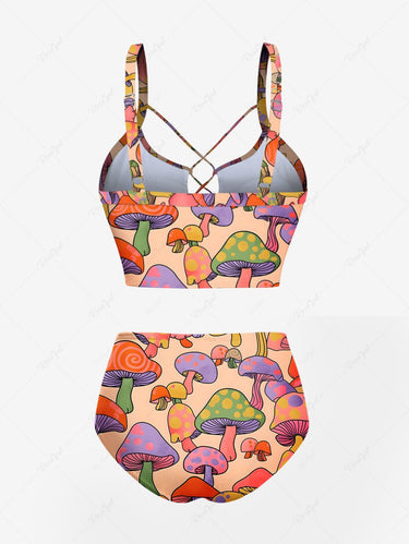 Gothic Plus Size Colorful Mushroom Print Lace Up Tankini Swimsuit (Adjustable Shoulder Strap)