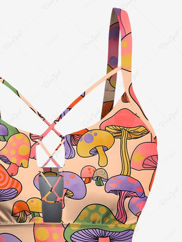 Gothic Plus Size Colorful Mushroom Print Lace Up Tankini Swimsuit (Adjustable Shoulder Strap)