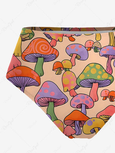 Gothic Plus Size Colorful Mushroom Print Lace Up Tankini Swimsuit (Adjustable Shoulder Strap)