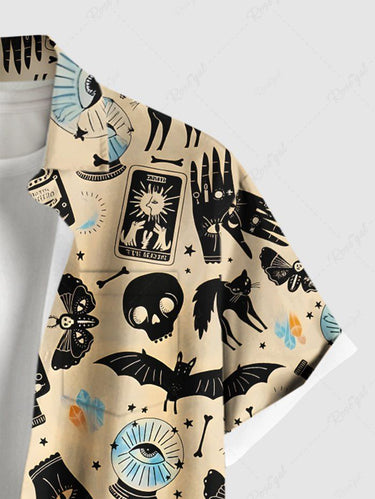 Gothic Plus Size Skull Bat Butterfly Cat Eye Palm Print Button Pocket Shirt For Men