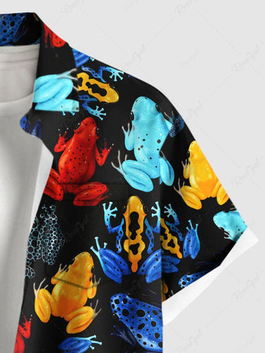 Gothic Plus Size Colorful Frog Toad Print Button Pocket Shirt For Men