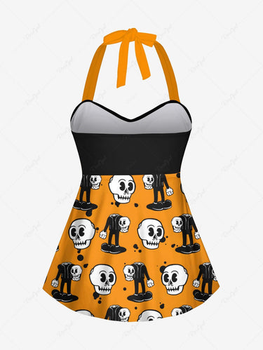 Gothic Cute Skull Man Print Twist Halter Backless Tankini Top