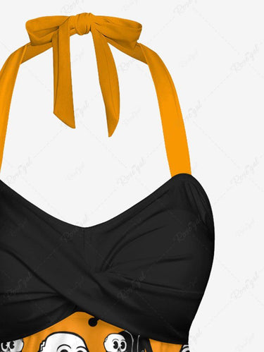 Gothic Cute Skull Man Print Twist Halter Backless Tankini Top