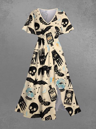 Gothic Plus Size Skull Bat Butterfly Cat Eye Palm Print Split Pocket A Line Midi Dress