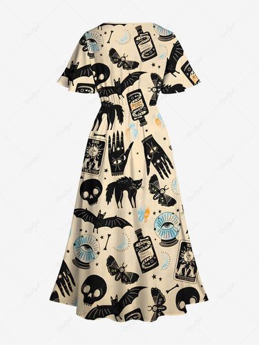 Gothic Plus Size Skull Bat Butterfly Cat Eye Palm Print Split Pocket A Line Midi Dress