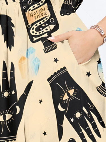 Gothic Plus Size Skull Bat Butterfly Cat Eye Palm Print Split Pocket A Line Midi Dress