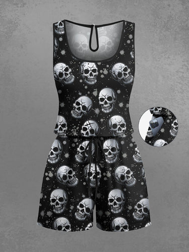 Gothic Plus Size Skull Painting Splatter Print Drawstring Pocket Romper
