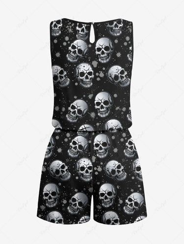 Gothic Plus Size Skull Painting Splatter Print Drawstring Pocket Romper