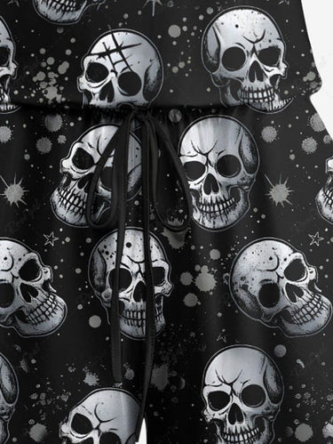 Gothic Plus Size Skull Painting Splatter Print Drawstring Pocket Romper