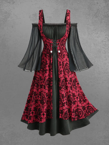 Gothic Plus Size Cold Shoulder Rose Flower Cross Flocking Lace Up 2 in 1 Dress